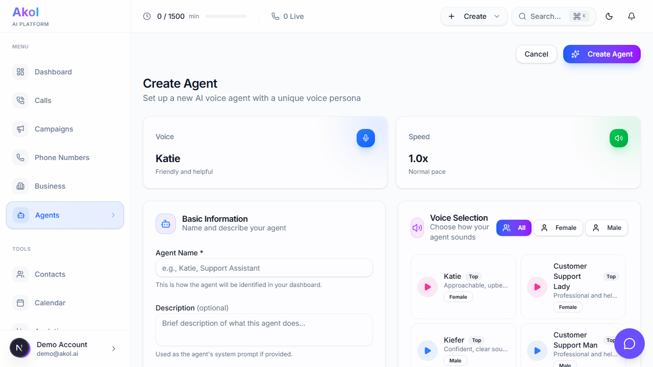 Agents page with Create Agent button