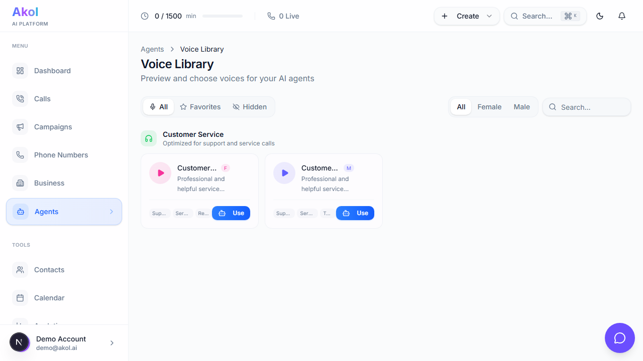Voice selection grid — pick your agent's voice